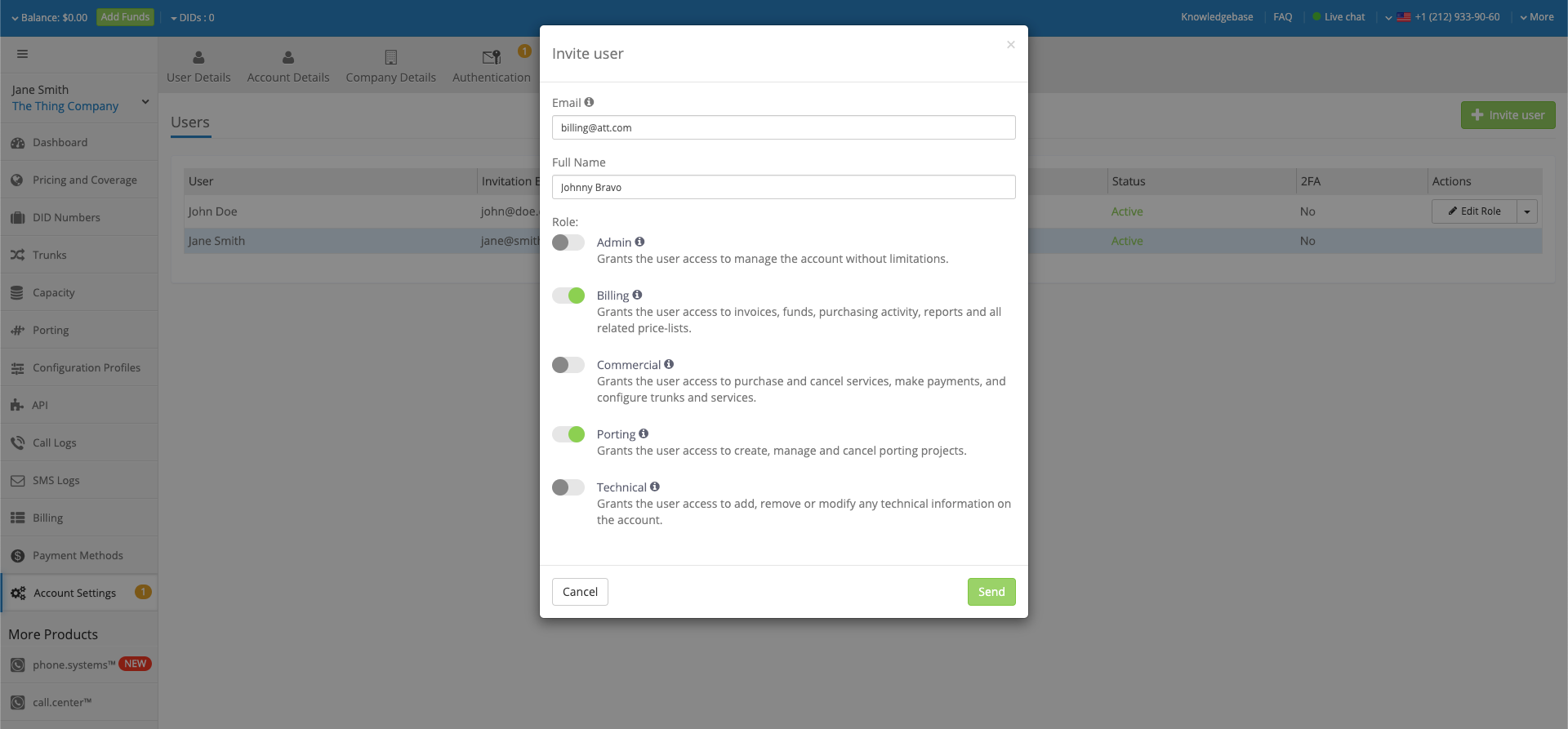 User Roles feature on DIDWW User Interface